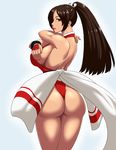  1girl ass breasts brown_eyes brown_hair fatal_fury female huge_ass king_of_fighters large_breasts looking_back ml ponytail shiranui_mai simple_background snk solo 