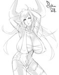  armpits arms_up breasts cleavage elbow_gloves eu03 gloves greyscale horns huge_breasts long_hair monochrome original sketch slingshot_swimsuit solo swimsuit thighhighs 