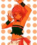  armpits arms_up collar flat_chest headband lowres midriff momoko_(king_of_fighters) navel orange_hair red_eyes short_hair solo strapless takamoriwako the_king_of_fighters tubetop wristband 