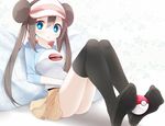  alternate_legwear bad_id bad_pixiv_id black_legwear blue_eyes brown_hair double_bun feet hat highres long_hair mei_(pokemon) oouso poke_ball pokemon pokemon_(game) pokemon_bw2 raglan_sleeves sitting skirt solo thighhighs visor_cap 