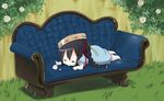  absurdres black_hair braid chibi closed_eyes couch highres instrument k-on! k-on!_movie long_hair lying nakano_azusa object_on_head on_stomach ragho_no_erika singing! sleeping solo tambourine twin_braids 