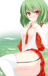  blush breasts chimunge dress_shirt garter_straps grass green_hair highres kazami_yuuka kneehighs necktie no_bra open_clothes open_shirt plaid plaid_skirt plaid_vest red_eyes red_neckwear shirt skirt small_breasts solo thighhighs touhou vest white_legwear 