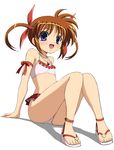  arm_support bikini bikini_skirt bow brown_hair flat_chest frilled_bikini frills hair_ribbon lyrical_nanoha mahou_shoujo_lyrical_nanoha open_mouth purple_eyes raising_heart ribbon sandals shadow short_twintails sitting smile solo sunson swimsuit takamachi_nanoha twintails 