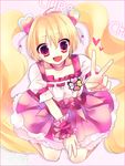  :d bad_id bad_pixiv_id blonde_hair bow character_name choker cure_peach fresh_precure! hair_ornament heart heart_hair_ornament long_hair magical_girl momozono_love no_eyes open_mouth pink_bow pink_choker pink_eyes precure puffy_sleeves skirt smile solo twintails v white_background wrist_cuffs yamako_(ichi6513) 
