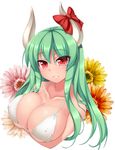  bare_shoulders bikini_top bow breast_hold breasts cleavage covered_nipples ex-keine flower green_hair horns john_(nakoto) kamishirasawa_keine large_breasts long_hair looking_at_viewer parted_lips red_eyes shiny shiny_skin simple_background skindentation smile solo strap_gap swimsuit touhou upper_body white_background 