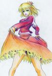  :d aki_shizuha blonde_hair blouse colored_pencil_(medium) curtsey green_eyes hair_ornament happy highres kitazinger laughing leaf leaf_hair_ornament legs maple_leaf open_mouth simple_background skirt smile solo touhou traditional_media upskirt white_background 