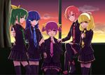  ;) aoki_reika black_legwear blonde_hair blue_eyes blue_hair blue_neckwear finger_to_mouth green_eyes green_hair green_neckwear hairband hino_akane_(smile_precure!) hoshizora_miyuki kise_yayoi long_hair lua_(tsurezure_naru_mama_ni) midorikawa_nao multiple_girls necktie one_eye_closed pink_eyes pink_hair pink_neckwear ponytail precure red_eyes red_hair school_uniform shoes short_hair short_twintails smile smile_precure! thighhighs twintails white_hairband yellow_eyes 