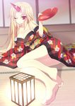  alternate_costume bare_legs barefoot blonde_hair breasts cleavage collarbone cup floral_print horn hoshiguma_yuugi indoors japanese_clothes kimono koikawa_minoru lamp large_breasts long_hair lying obi off_shoulder on_ground on_side one_eye_closed red_eyes sakazuki sash smile solo tatami touhou 