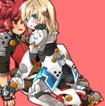  aqua_eyes armor bad_id bad_pixiv_id blonde_hair boots brown_eyes chung_seiker elsword elsword_(character) fang fury_guardian_(elsword) gloves greaves hair_flaps kneeling male_focus multiple_boys pants pink_background red_hair sitting sword_knight_(elsword) symbol-shaped_pupils yakiguri 