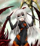  ahoge antlion blood cosplay crossover crowbar glasses gordon_freeman gordon_freeman_(cosplay) green_eyes haiyore!_nyaruko-san half-life half-life_2 hev_suit huge_ahoge long_hair nyarlathotep_(nyaruko-san) open_mouth parody semi-rimless_eyewear silver_hair strider t2 weapon_connection 