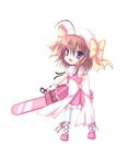  bow brown_hair chainsaw chibi haruna_(kore_wa_zombie_desu_ka?) kore_wa_zombie_desu_ka? kuena purple_eyes yellow_bow 