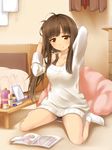  bad_id bad_pixiv_id bed big_wednesday blush book brown_hair looking_at_viewer messy_hair mirror original sitting smile solo sweater yellow_eyes 