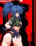  ass back black_gloves blue_hair blush bra breasts butt_crack character_name cropped_jacket deep_skin dew_(dewichi) earrings gloves green_eyes hand_on_ass jacket jewelry leona_heidern lingerie long_hair looking_back medium_breasts open_clothes open_jacket ponytail silhouette solo the_king_of_fighters underwear 