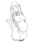  apron bad_id bad_pixiv_id blush earrings greyscale hair_ornament hair_over_one_eye highres jewelry long_hair monochrome pantyhose pokemon pokemon_(game) pokemon_dppt pregnant saka_i_hirokadu shirona_(pokemon) smile solo 