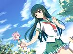  blue_eyes blush brown_eyes cloud day green_hair grin hanaki_yuka ishigaki_takashi long_hair multiple_girls natsuiro_kiseki necktie outdoors pink_hair school_uniform skirt sky smile tamaki_rinko tree 