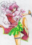  amputee bun_cover chinese_clothes colored_pencil_(medium) cuffs double_bun false_arm false_limb fighting_stance flower highres ibaraki_kasen jitome kitazinger kung_fu legs pink_hair profile rose serious shackles skirt slippers solo standing standing_on_one_leg tabard thigh_strap touhou traditional_media 
