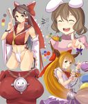  \m/ bad_id bad_pixiv_id bare_shoulders beads blonde_hair bow breasts brown_eyes brown_hair carrot carrot_necklace cleavage colorized covered_nipples crop_top detached_sleeves fundoshi grey_background hair_bow hair_tubes hakurei_reimu horns ibuki_suika inaba_tewi japanese_clothes jewelry large_breasts laughing long_hair magister_(medical_whiskey) midriff multiple_girls necklace ofuda pendant prayer_beads raised_eyebrow red_eyes shirt sideboob sidelocks sketch taut_clothes taut_shirt touhou yasaka_kanako yin_yang 