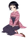  bangs black_hair blunt_bangs brown_eyes ekra full_body hakama high_heels japanese_clothes kimono meiji_schoolgirl_uniform purple_hakama sayonara_zetsubou_sensei shoes short_hair simple_background sitting smile solo tsunetsuki_matoi unmoving_pattern white_background 