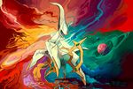  abstract_background arceus arms_up bad_deviantart_id bad_id commentary floating gen_4_pokemon kimbo-demonica legendary_pokemon looking_at_viewer no_humans planet pokemon pokemon_(creature) red_eyes signature solo 