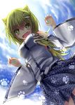  animal_ears bad_id bad_pixiv_id blush breasts cat_ears detached_sleeves fang frog_hair_ornament green_eyes green_hair hair_ornament hair_tubes highres kemonomimi_mode kochiya_sanae long_hair medium_breasts missile228 open_mouth skirt smile snake solo touhou 