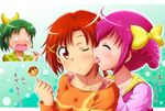  blush casual dropping eyelashes food hino_akane_(smile_precure!) hoshizora_miyuki licking maru_takeo midorikawa_nao multiple_girls o_o one_eye_closed open_mouth orange_shirt pink_vest precure shirt short_hair smile smile_precure! sweat takoyaki tongue vest yuri 