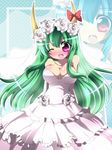  alternate_costume alternate_headwear arms_behind_back blush breasts bridal_veil bride cleavage dress ex-keine flower geo_(yukishitadou) green_hair hair_flower hair_ornament horn_ribbon horns kamishirasawa_keine long_hair medium_breasts one_eye_closed open_mouth purple_eyes ribbon rose smile solo touhou veil wedding_dress white_dress white_flower white_rose zoom_layer 