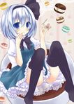  bad_id bad_pixiv_id black_hairband black_legwear blue_eyes blue_hair creamer_(vessel) cup food hairband holding honoka_chiffon in_container in_cup konpaku_youmu macaron minigirl panties short_hair silver_hair smile solo teacup thighhighs touhou underwear white_panties 