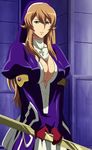  blue_dress breasts brown_hair dress gloves green_eyes highres jewelry large_breasts long_hair necklace nun queen&#039;s_blade queen&#039;s_blade_rebellion queen's_blade queen's_blade_rebellion siggy sigui_(queen's_blade) smile solo standing stitched 