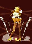  bad_id bad_pixiv_id beret blonde_hair brown_background drill_hair from_behind gun hat head_tilt magical_girl magical_musket mahou_shoujo_madoka_magica skirt skirt_lift solo soul_gem thighhighs tomoe_mami weapon y_(hellenism) 