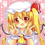  ascot bad_id bad_pixiv_id blonde_hair blush double_v flandre_scarlet hat hat_ribbon open_mouth red_eyes ribbon shinekalta side_ponytail smile solo touhou v wings wrist_cuffs 