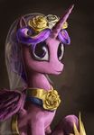  blonde_hair brown_background crown equine female feral flower friendship_is_magic hair horn horse huussii jewelry looking_at_viewer mammal multi-colored_hair my_little_pony necklace plain_background pony portrait princess_cadance_(mlp) princess_cadence_(mlp) purple_body purple_eyes purple_hair rose short_hair simple_background solo two_color_hair two_tone_hair veil winged_unicorn wings 