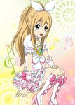  beamed_sixteenth_notes blonde_hair blue_eyes boots choker cosplay cure_rhythm cure_rhythm_(cosplay) dress eighth_note frills heart highres jewelry k-on! knee_boots kotobuki_tsumugi long_hair magical_girl musical_note open_mouth ponytail precure ribbon round_teeth sitting smile solo suite_precure teeth treble_clef white_choker 
