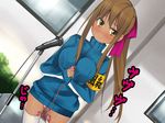  blush breasts brown_hair censored egg_vibrator gold_eyes jacket large_breasts long_hair microphone sweat tan vibrator vibrator_under_clothes yellow_eyes 