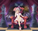  alternate_hair_color bare_legs bat_wings blonde_hair bloomers boots checkered checkered_floor chess_piece crossed_legs gears hat looking_at_viewer maki_(seventh_heaven_maxion) oversized_object red_eyes remilia_scarlet short_hair sitting smile solo throne touhou underwear wings 