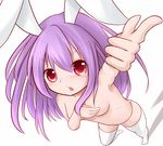  animal_ears blush breast_hold breasts bunny_ears covering covering_breasts from_above kisa_(k_isa) long_hair looking_up navel panties pointing purple_hair red_eyes reisen_udongein_inaba small_breasts solo thighhighs topless touhou underwear underwear_only 