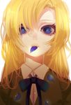  blonde_hair blue_eyes ib kisaragi_yuu_(fallen_sky) long_hair mary_(ib) mouth_hold petals solo white_background 