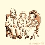  baby cephalopod chair family father female gnabbist looking_at_viewer male monochrome mother parent sepia squid young 
