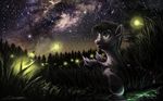  2011 apollo_heart black_hair detailed_background fireflies friendship_is_magic glowing grass green_eyes grey_body hair huussii male my_little_pony nebula night original_character reflection short_hair solo stars tree water wings wood 