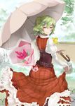  adapted_costume ascot bad_id bad_pixiv_id bouquet emerane flower green_hair highres kazami_yuuka plaid plaid_vest red_eyes short_hair skirt skirt_lift skirt_set smile solo touhou tree umbrella vest 