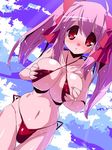  alternate_breast_size bikini blush breast_squeeze breasts cloud criss-cross_halter day halter_top halterneck kaname_madoka large_breasts long_hair looking_at_viewer mahou_shoujo_madoka_magica miuku_(marine_sapphire) pink_hair red_eyes solo swimsuit thigh_gap twintails wet 