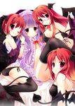  :&lt; alternate_eye_color alternate_hairstyle bat_wings bespectacled black_legwear black_panties blush bra breasts demon_tail fang flat_chest glasses hat head_wings koakuma large_breasts lingerie long_hair looking_at_viewer looking_back low_wings multiple_girls multiple_persona nanamomo_rio naughty_face one_eye_closed open_clothes panties patchouli_knowledge purple_hair red-framed_eyewear red_eyes red_hair short_hair side-tie_panties smile tail thighhighs touhou underwear underwear_only very_long_hair wings 