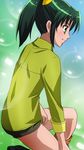  green_eyes green_hair green_shirt haruyama_kazunori kneeling midorikawa_nao ponytail precure profile shirt short_hair shorts smile smile_precure! solo 