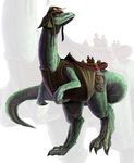  blowup_background claws clothed clothing dinosaur female green_body harness hat human macro male mammal nomad saddle scalie transportation traveling tsitra360 vest zoom_layer 