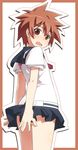  blush brown_eyes brown_hair covering covering_ass eguchi_sera from_behind looking_back miniskirt open_mouth saki saki_achiga-hen school_uniform senriyama_school_uniform serafuku short_hair short_sleeves skirt solo umekichi 