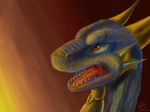  amber_eyes ambiguous_gender brown_background dragon gradient_background green_body horn open_mouth orange_background plain_background portrait scales scalie simple_background solo teeth tongue tsitra360 