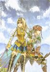  1girl alicia_(valkyrie_profile_2) arrow belt blonde_hair blue_eyes boots bow bow_(weapon) bridal_gauntlets capelet clenched_hand cloud green_hair hair_ornament hairband headband highres jewelry knee_boots long_hair puffy_sleeves ring rufus_(valkyrie_profile) signature skirt sky squatting standing sword thigh_boots thighhighs valkyrie_profile valkyrie_profile_2 vambraces vest weapon woltz zettai_ryouiki 