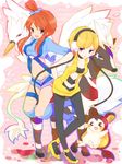  2girls blonde_hair emolga fuuro_(pokemon) gym_leader headphones kamitsure_(pokemon) multiple_girls poke_ball pokemon red_hair swanna zebstrika 