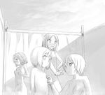  blush brave_witches breasts edytha_rossmann embarrassed flat_chest greyscale hand_on_hip kanno_naoe kinniku_tarou medium_breasts monochrome multiple_girls nipples nude outdoors pinching pointing short_hair small_breasts ursula_hartmann waltrud_krupinski world_witches_series yuri 