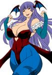  1girl bare_shoulders bat_print bat_wings blue_eyes blush boots breasts bridal_gauntlets capcom demon_girl elbow_gloves erect_nipples gloves head_wings large_breasts leotard lilith_aensland lilith_aensland_(cosplay) long_hair morrigan_aensland pantyhose pose print_legwear print_pantyhose purple_hair solo succubus thick_thighs thighs vampire_(game) wings 