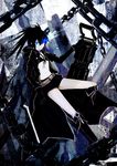  bikini_top black_hair black_rock_shooter black_rock_shooter_(character) blue_eyes boots burning_eye gatling_gun glowing gun jacket langlang long_hair short_shorts shorts solo star weapon 